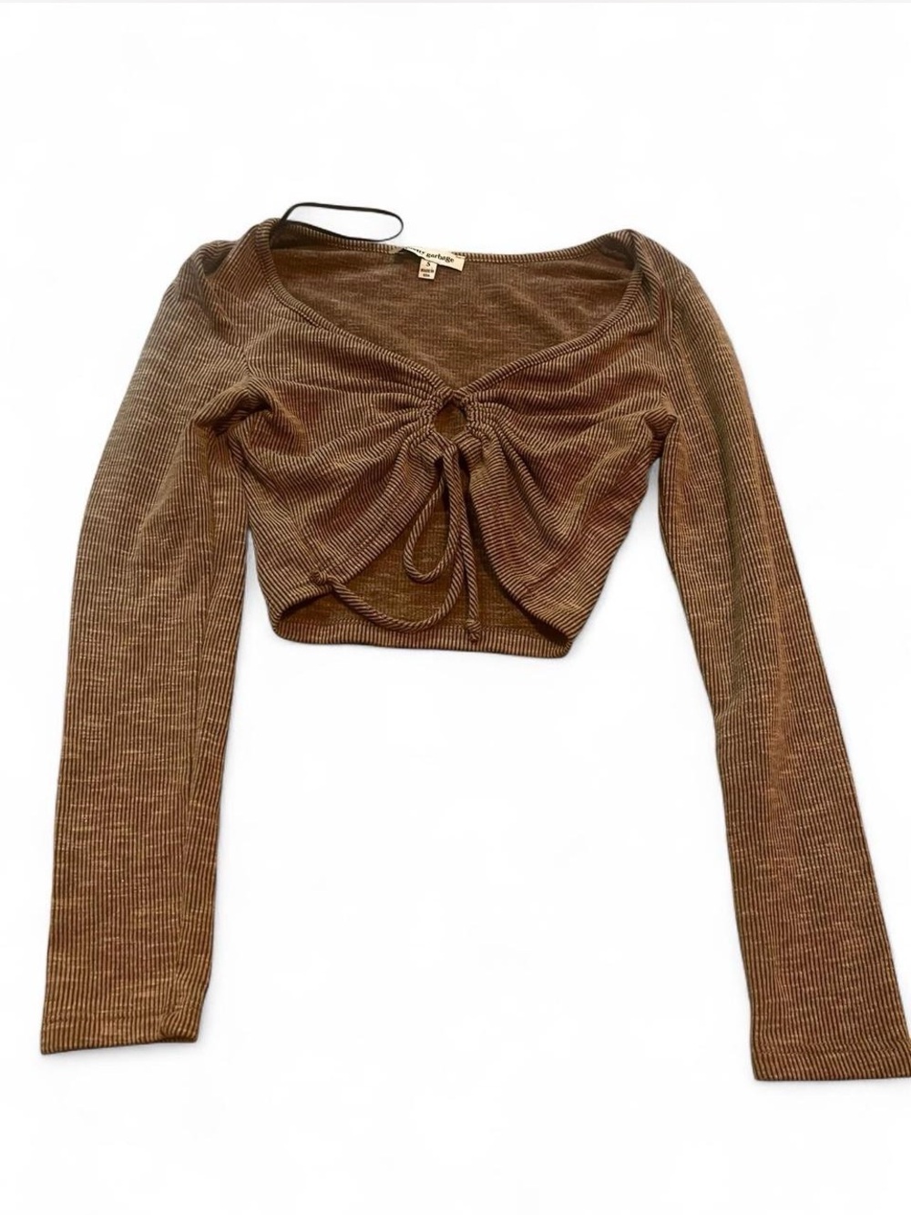 Ribbed Tie-Front Long Sleeve Crop Top - Chocolate Brown boho